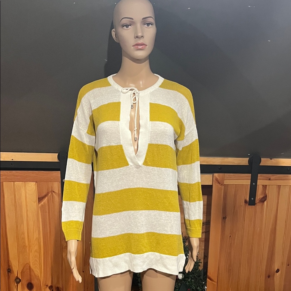 Ann Taylor Mustard and Cream Striped Lace-Up Sweater